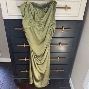 Olive Green Ruched Satin Prom Dress